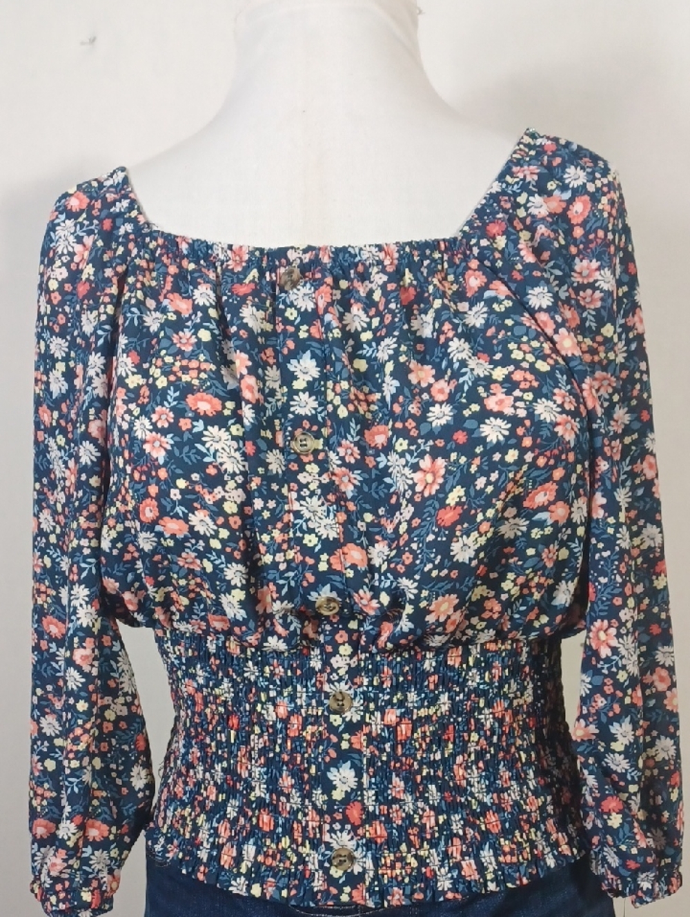 No Boundaries Navy Floral Smocked Waist Long Sleeve Blouse